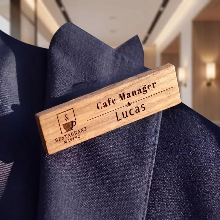 Engraved wooden name badge with a logo, role and name, worn on a dark jacket