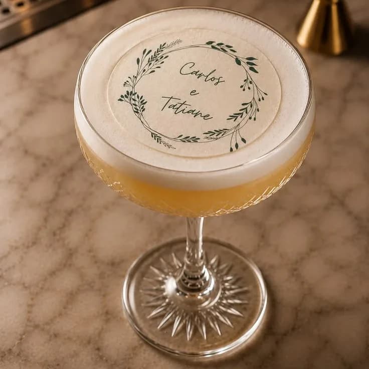 Sour in a coupe on a bar top, topped with a print of two names inside a leaf wreath